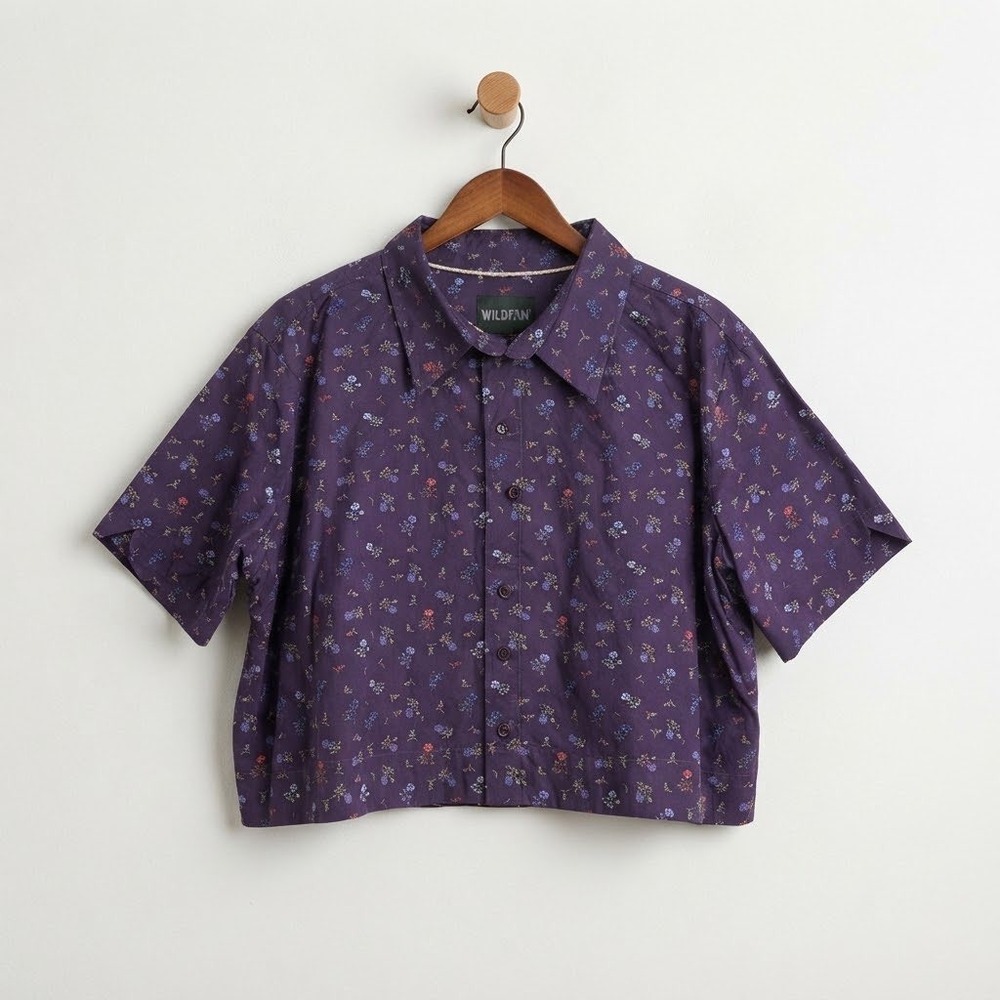 Wildfang Essential Purple Floral Short Sleeve Cropped Button Up Shirt 1X Plus